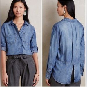Anthropologie Cloth & Stone Chambray Split Back Button Down Long Sleeve Blouse